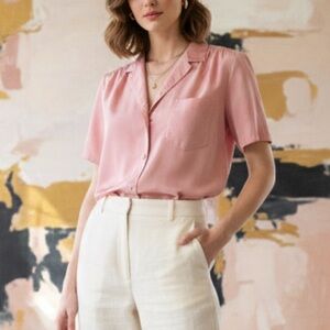 Vintage‎ B. Altman & Co. Pink Satin Short Sleeve Button Up Top Size 6